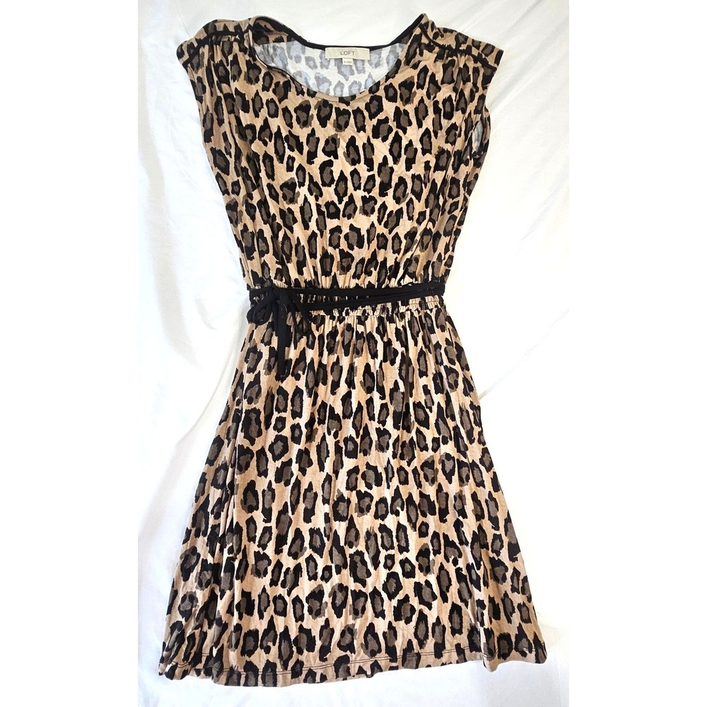 LOFT Ann Taylor Leopard Print Sleeveless Fit Flare Dress XS Tan Black Grey